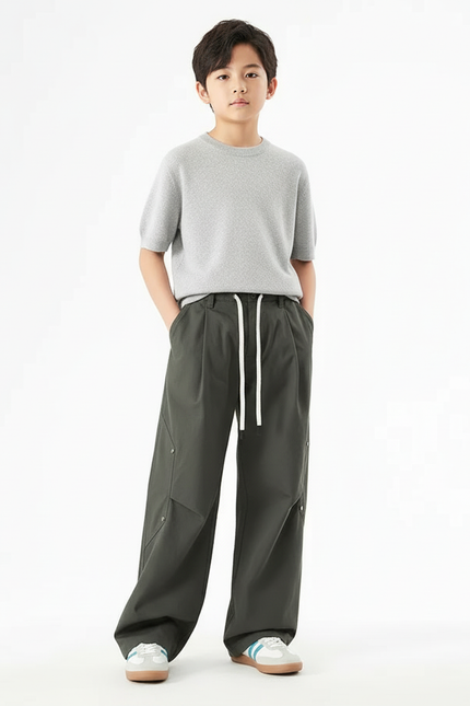 Pantalon Cargo Vert Large Décontracté Cordon - Kaki Gabardine