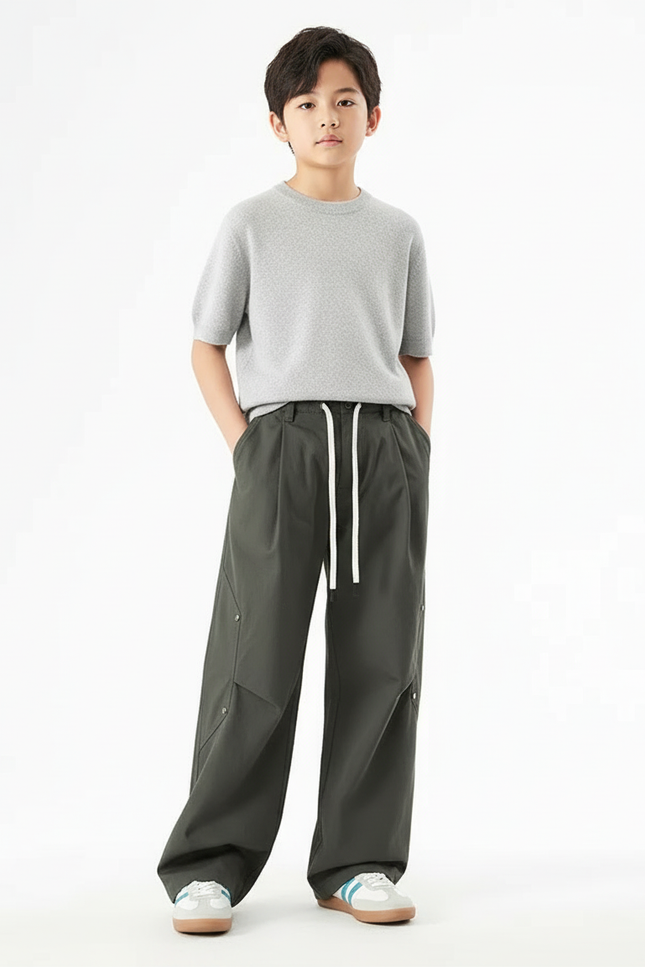 Pantalon Cargo Vert Large Décontracté Cordon - Kaki Gabardine