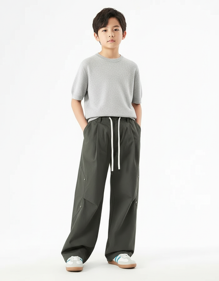 Pantalon Cargo Vert Large Décontracté Cordon - Kaki Gabardine