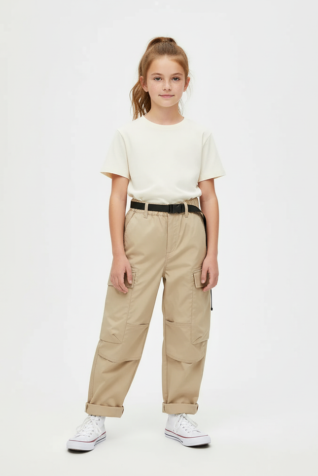Pantalon Cargo Beige Ample Multipoches Ceinturé Enfant - Gabardine