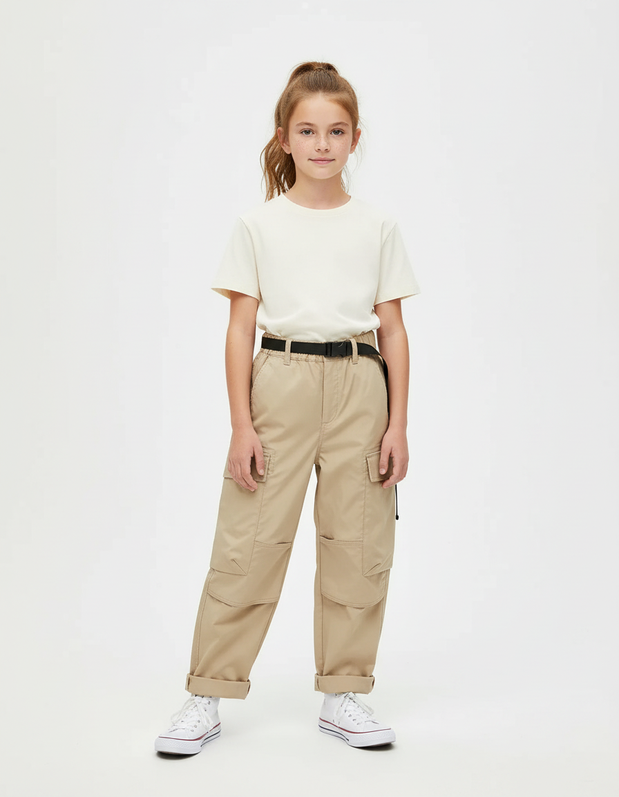 Pantalon Cargo Beige Ample Multipoches Ceinturé Enfant - Gabardine