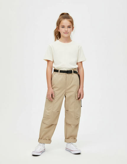 Pantalon Cargo Beige Ample Multipoches Ceinturé Enfant - Gabardine