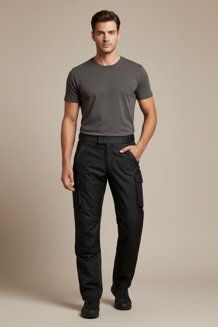 Pantalon Cargo Noir Homme Ample Multipoches - Polyester