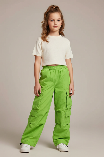 Pantalon Cargo Vert Ample Taille Haute Multipoches - Polyester