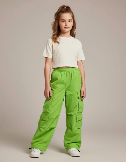 Pantalon Cargo Vert Ample Taille Haute Multipoches - Polyester