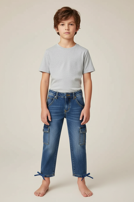 Pantalon Cargo Denim Bleu Multipoches Garçon Laçage - Jean