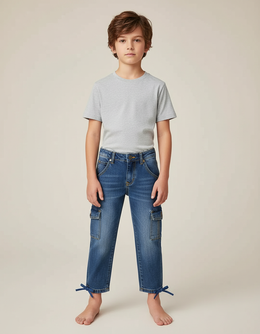 Pantalon Cargo Denim Bleu Multipoches Garçon Laçage - Jean
