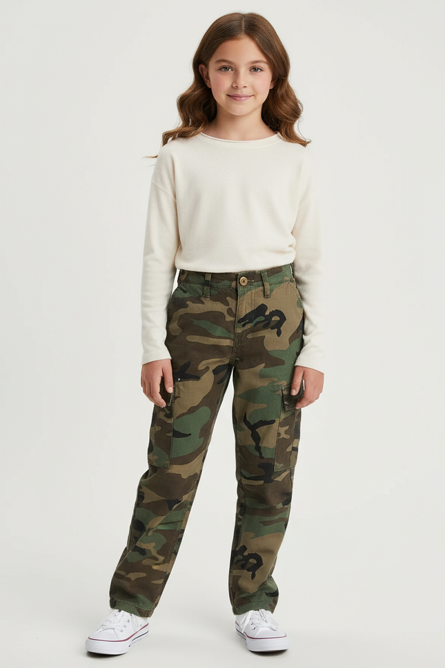 Pantalon Cargo Camouflage Ample Multipoches Fille - Imprimé Toile