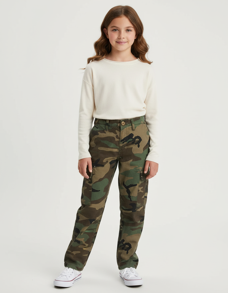 Pantalon Cargo Camouflage Ample Multipoches Fille - Imprimé Toile
