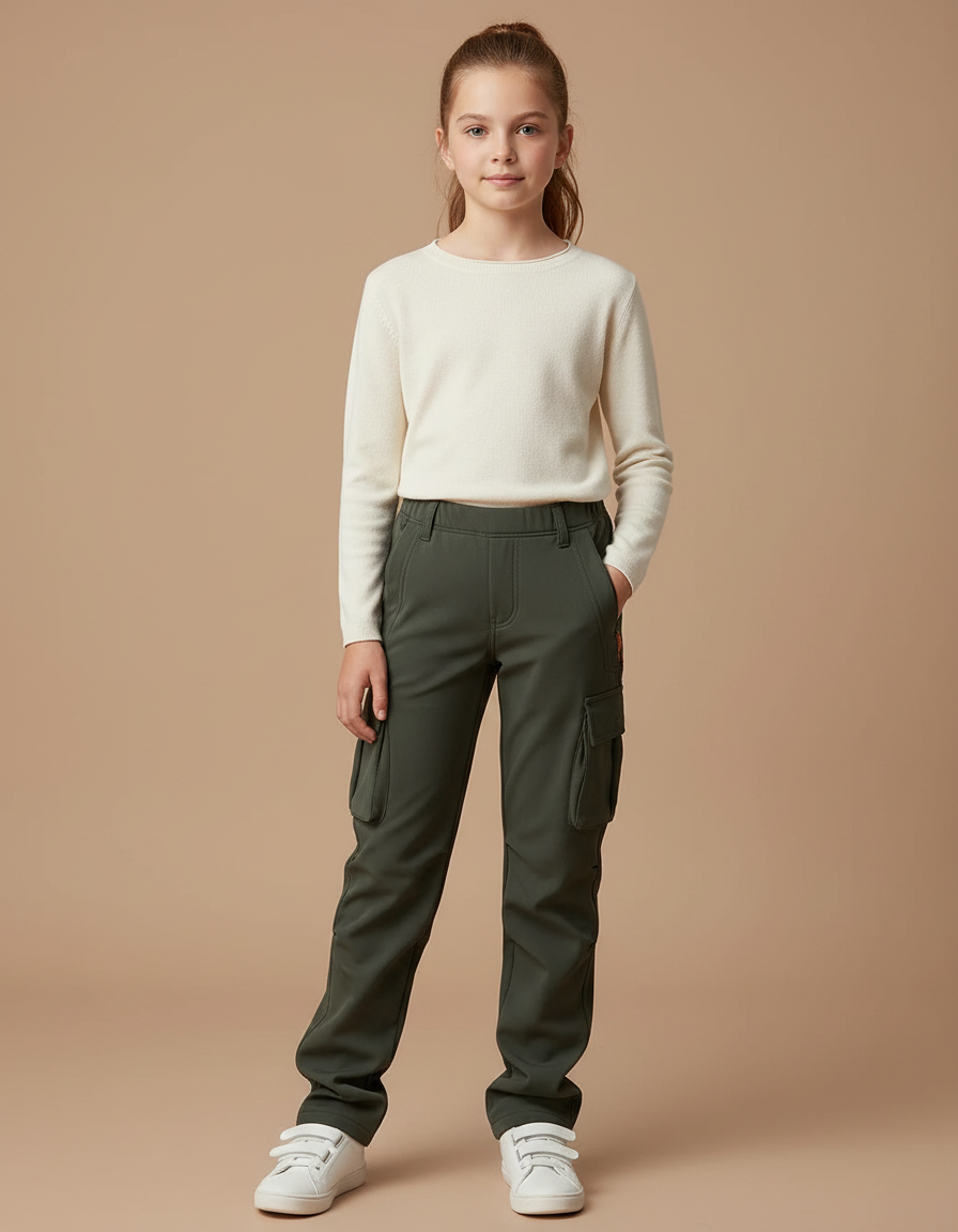 Pantalon Cargo Vert Militaire Ample Enfant Doublé - Kaki Polyester