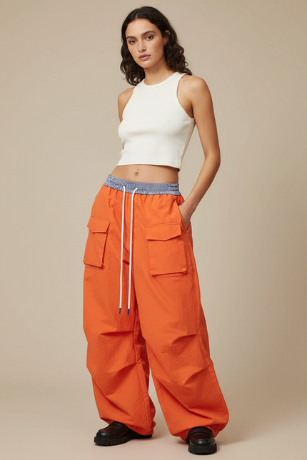 Pantalon Cargo Orange Ample Taille Haute Décontracté - Polyester