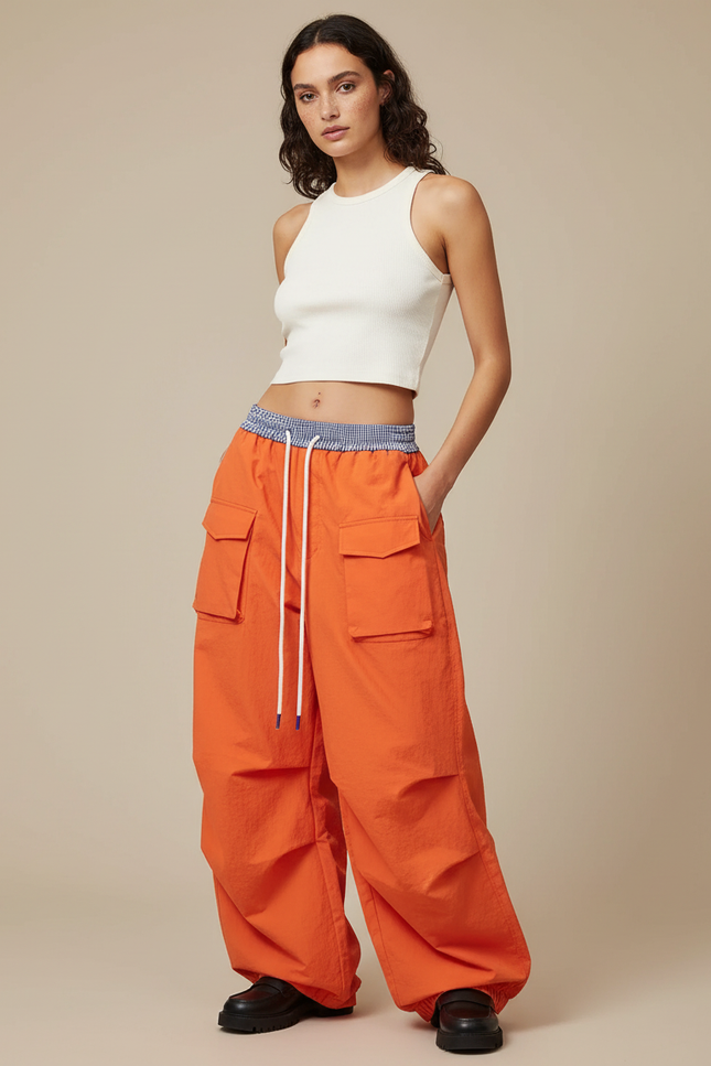 Pantalon Cargo Orange Ample Taille Haute Décontracté - Polyester