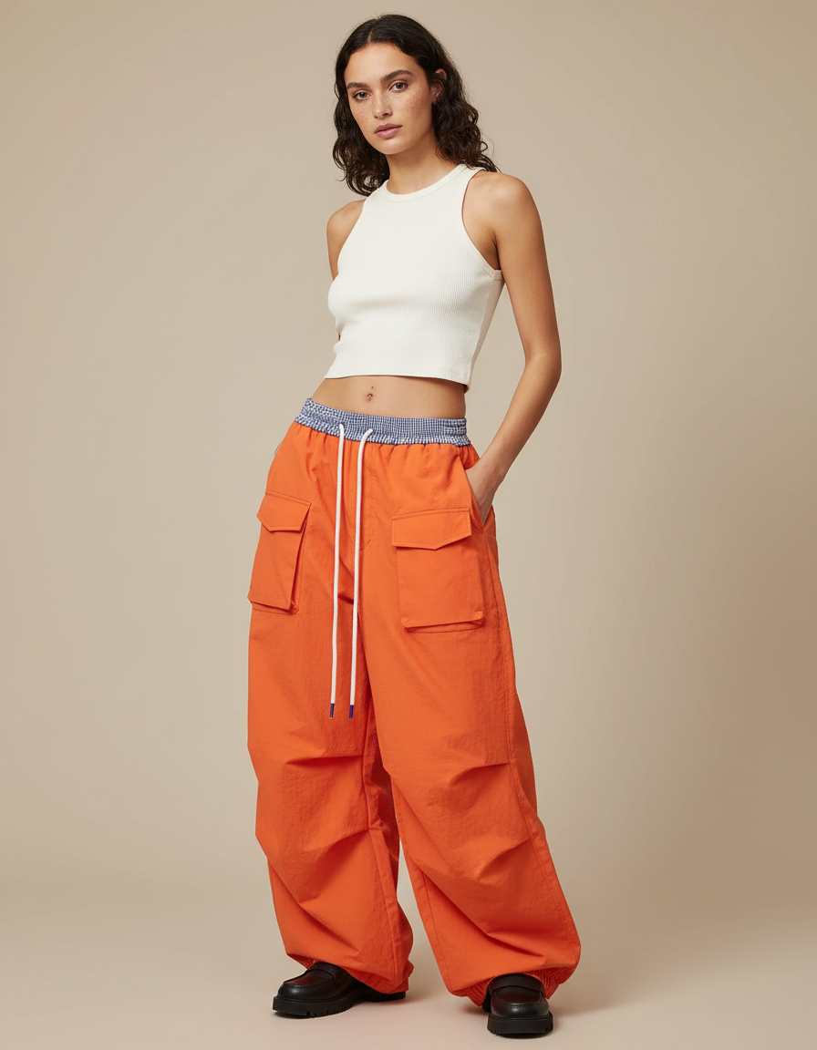 Pantalon Cargo Orange Ample Taille Haute Décontracté - Polyester