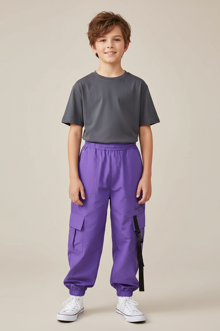 Pantalon Cargo Violet Ample Sangles Poches Enfant - Polyester