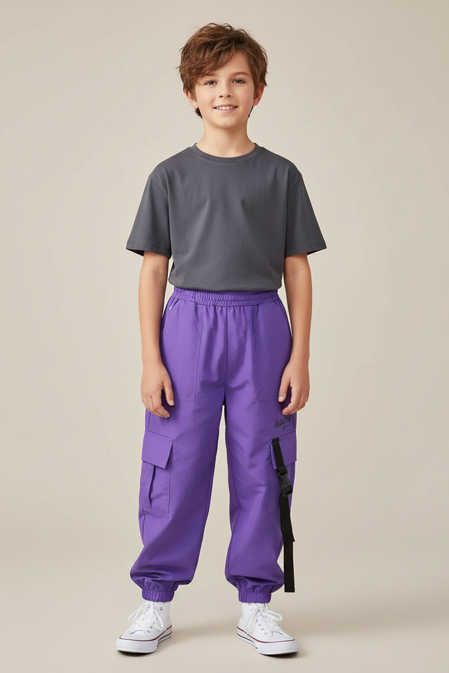 Pantalon Cargo Violet Ample Sangles Poches Enfant - Polyester