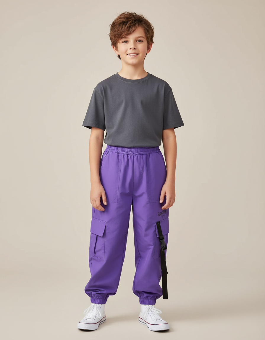 Pantalon Cargo Violet Ample Sangles Poches Enfant - Polyester
