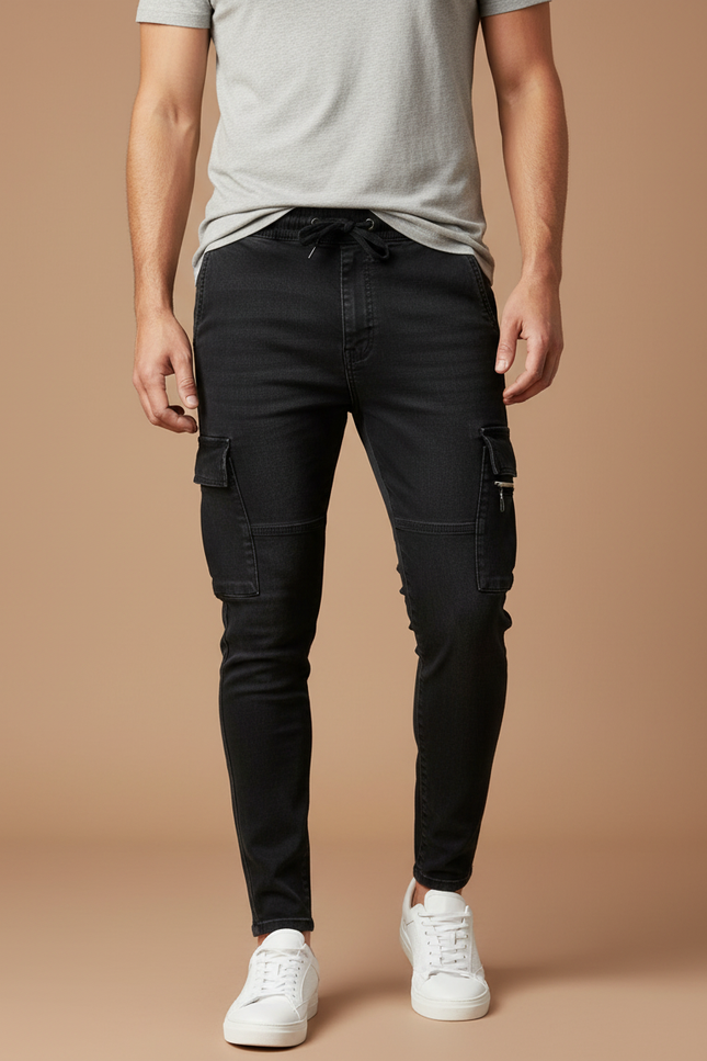 Pantalon Cargo Noir Slim Multipoches Zippées Homme - Jean