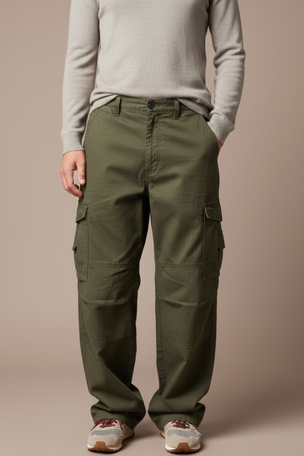 Pantalon Cargo Vert Kaki Ample Décontracté Homme Coton - Toile