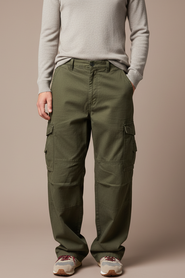Pantalon Cargo Vert Kaki Ample Décontracté Homme Coton - Toile