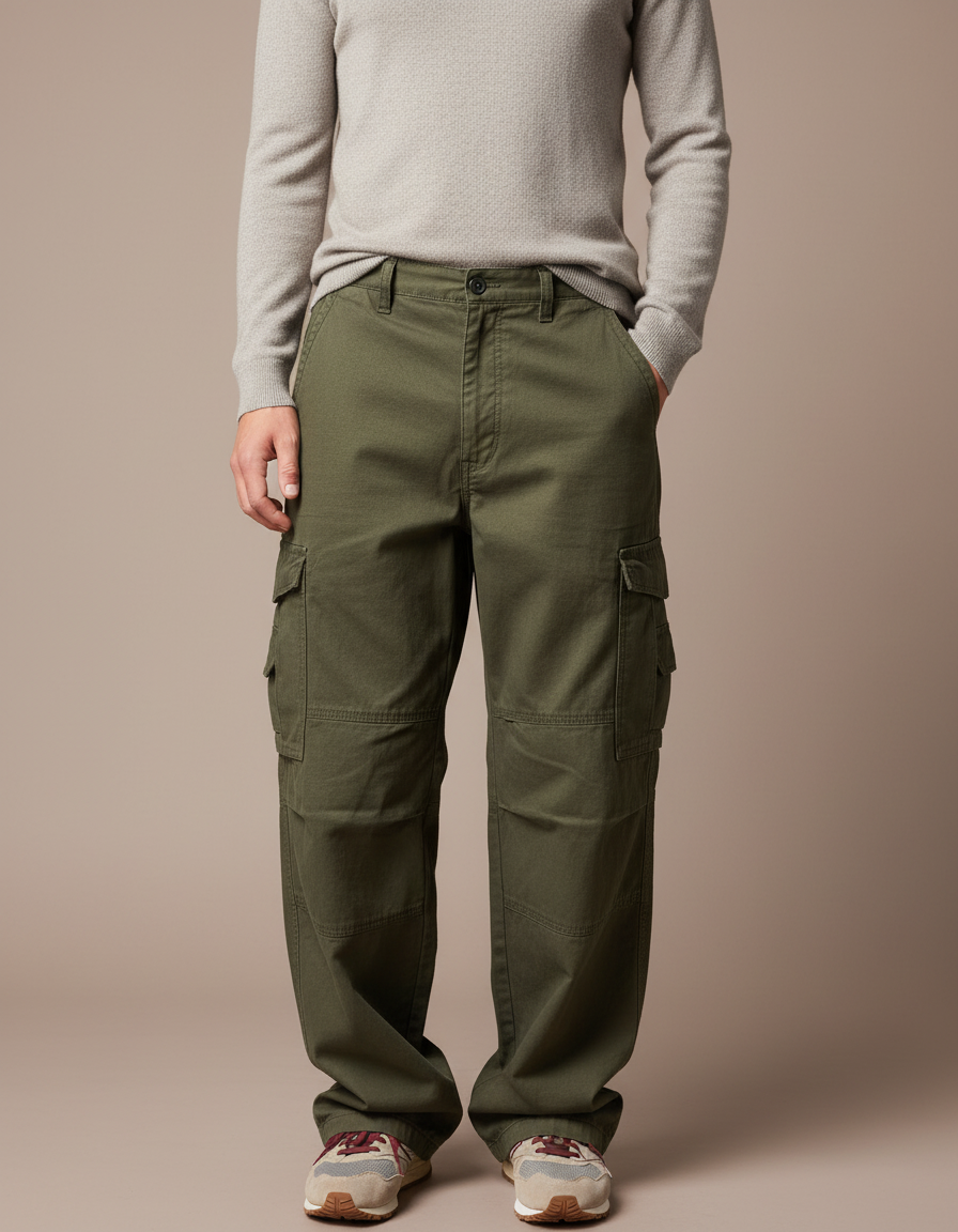 Pantalon Cargo Vert Kaki Ample Décontracté Homme Coton - Toile