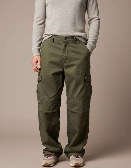 Pantalon Cargo Vert Kaki Ample Décontracté Homme Coton - Toile