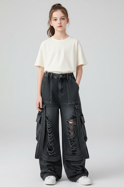 Pantalon Cargo Noir Ample Déchiré Multipoches Fille - Jean