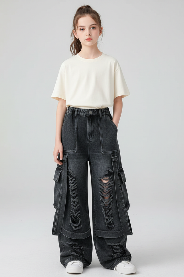 Pantalon Cargo Noir Ample Déchiré Multipoches Fille - Jean