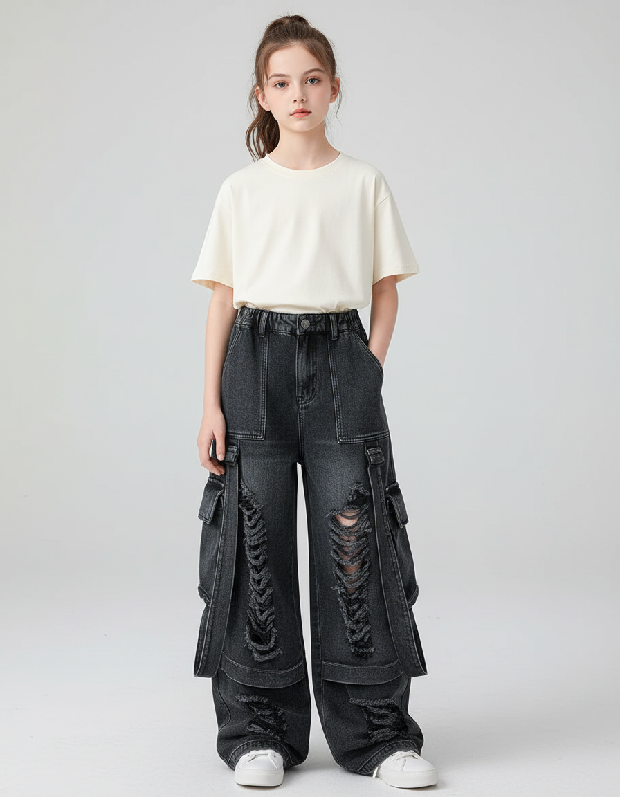 Pantalon Cargo Noir Ample Déchiré Multipoches Fille - Jean