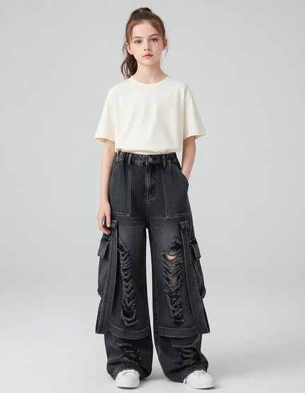 Pantalon Cargo Noir Ample Déchiré Multipoches Fille - Jean