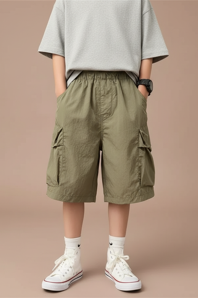 Pantalon Cargo Vert Kaki Ample Coton Garçon Décontracté - Polyester