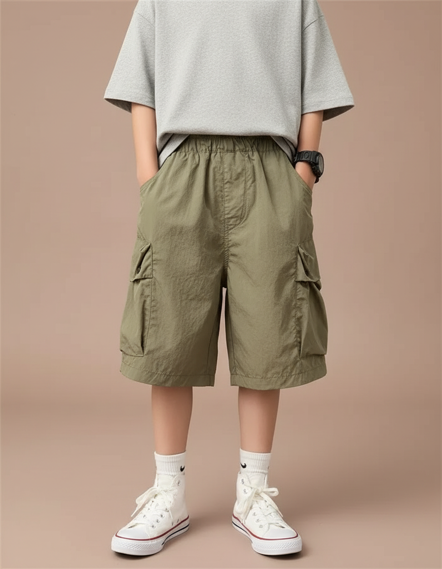 Pantalon Cargo Vert Kaki Ample Coton Garçon Décontracté - Polyester