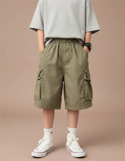 Pantalon Cargo Vert Kaki Ample Coton Garçon Décontracté - Polyester
