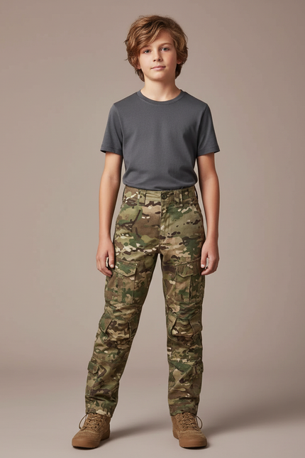 Pantalon Cargo Camouflage Militaire Enfant Multi-poches - Multicolore Toile