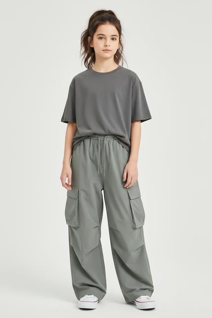 Pantalon Cargo Gris Ample Léger Enfant Multipoches - Kaki Polyester