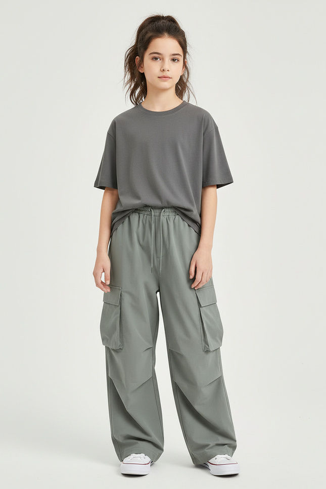Pantalon Cargo Gris Ample Léger Enfant Multipoches - Kaki Polyester