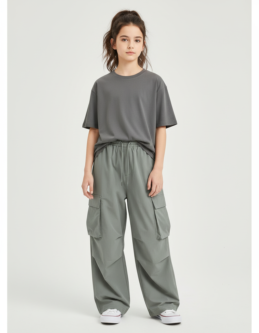 Pantalon Cargo Gris Ample Léger Enfant Multipoches - Kaki Polyester