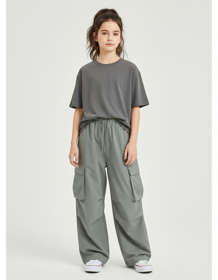 Pantalon Cargo Gris Ample Léger Enfant Multipoches - Kaki Polyester