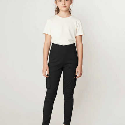 Pantalon Cargo Noir Slim Taille Haute Fille - Polyester