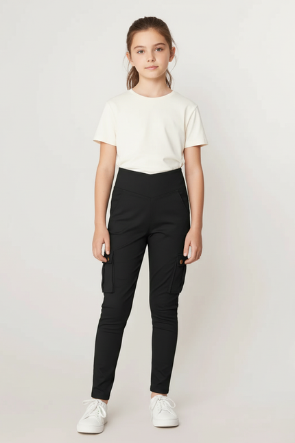 Pantalon Cargo Noir Slim Taille Haute Fille - Polyester