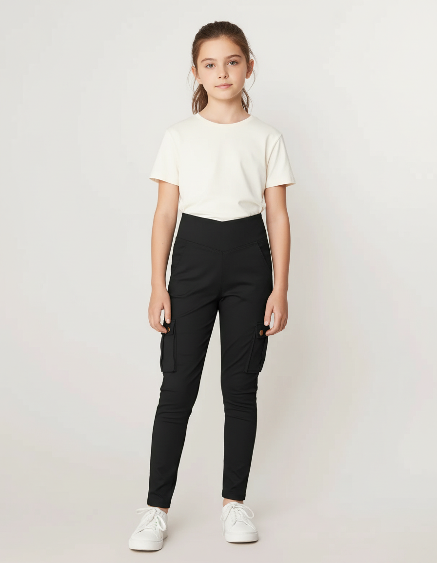 Pantalon Cargo Noir Slim Taille Haute Fille - Polyester