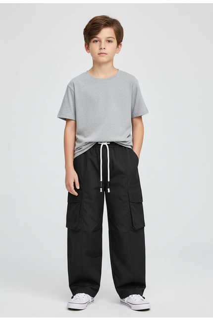 Pantalon Cargo Noir Ample Décontracté Enfant Léger - Polyester