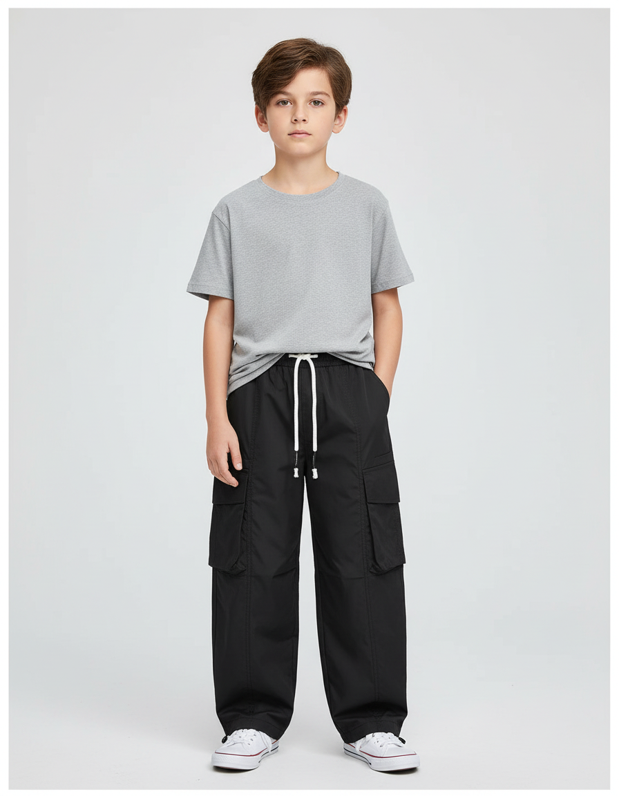 Pantalon Cargo Noir Ample Décontracté Enfant Léger - Polyester