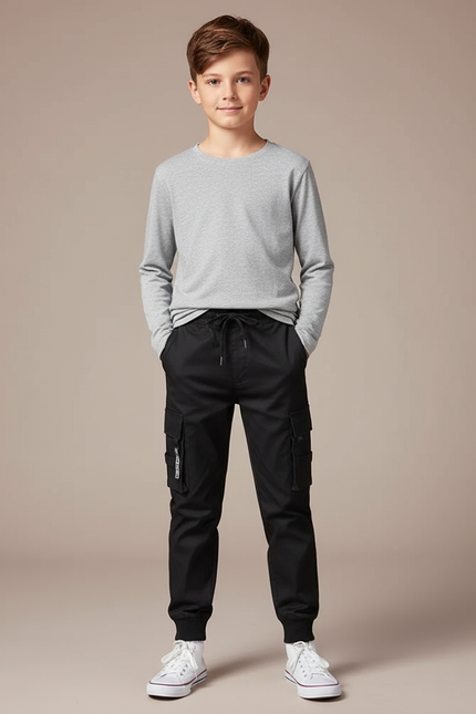 Pantalon Cargo Noir Décontracté Jogger Garçon Multipoches - Polyester