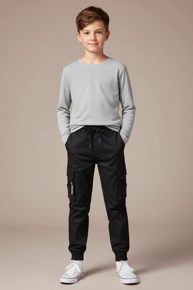 Pantalon Cargo Noir Décontracté Jogger Garçon Multipoches - Polyester