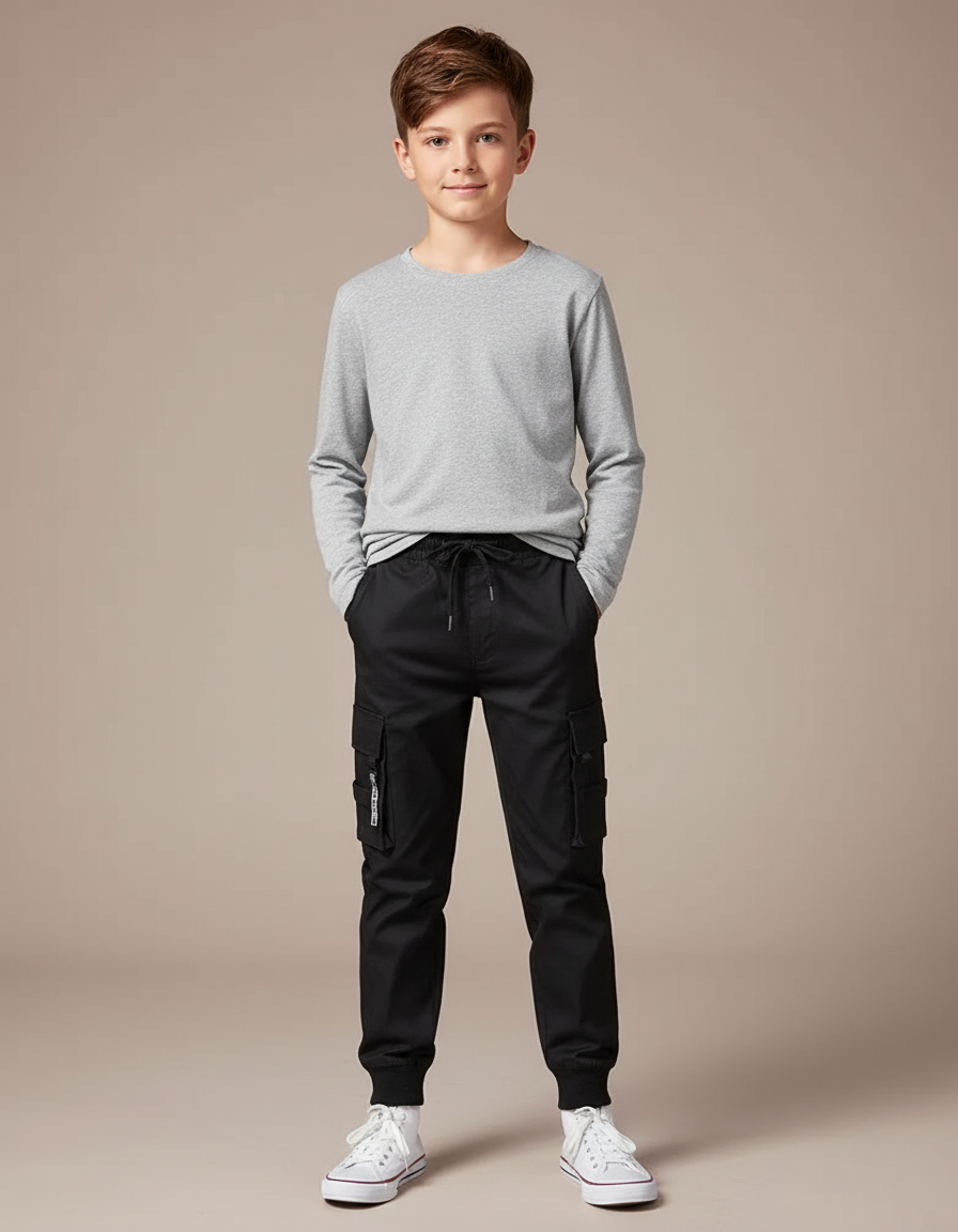 Pantalon Cargo Noir Décontracté Jogger Garçon Multipoches - Polyester