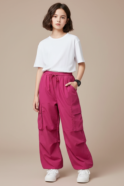 Pantalon Cargo Fuchsia Ample Multipoches Décontracté Fille - Rose Polyester