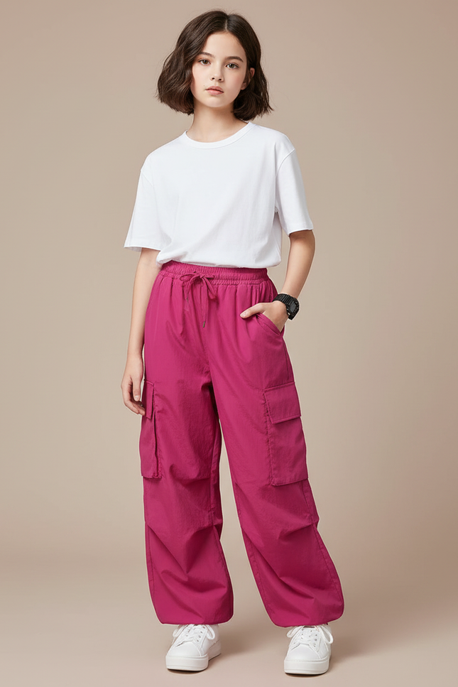 Pantalon Cargo Fuchsia Ample Multipoches Décontracté Fille - Rose Polyester
