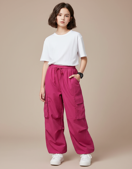 Pantalon Cargo Fuchsia Ample Multipoches Décontracté Fille - Rose Polyester