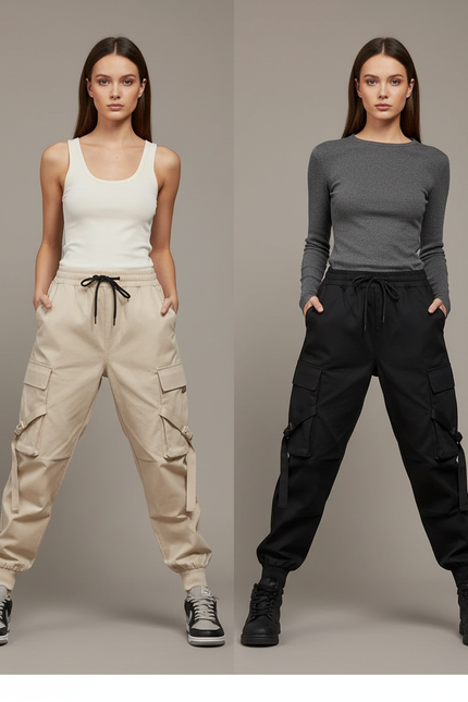 Pantalon Cargo Femme Streetwear Ample Cordon Taille Haute - Beige Toile