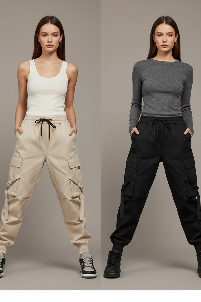 Pantalon Cargo Femme Streetwear Ample Cordon Taille Haute - Beige Toile